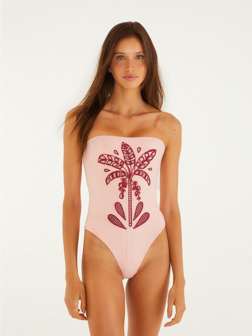 FARM Rio Pale Pink Strapless One-Piece with Maroon Palm Motif